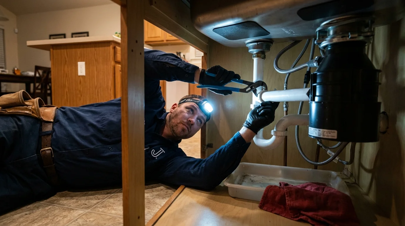 P-trap and supply line connections under a kitchen sink showing a common leak point in Lost Hills, CA